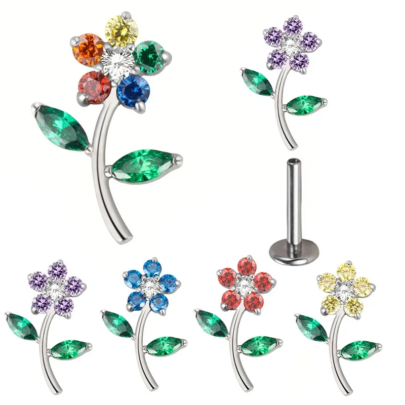 ASTM F136 Titanium EAR PIERC Flower CZ Paved Top Labret Studs Ear Cartilage Flower pattern Earrings Lip Stud Piercing Jewelry