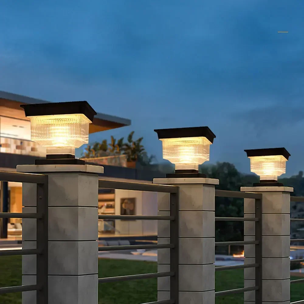 3Color Light Waterproof IP65 Post Light Outdoor Solar Villa Column Lights Black Square Wall Pillar Lantern Dusk To Dawn Aluminum