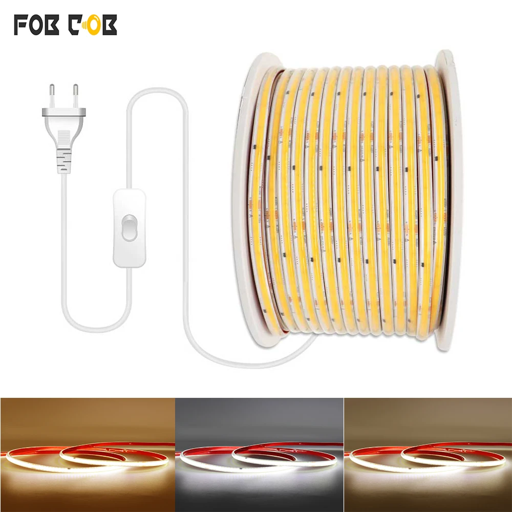 1-100m 220V COB LED Strip Light Waterproof High Bright LED Strip Flexible Dimmable Ribbon Light Tape For Garden Kitchen Outdoor