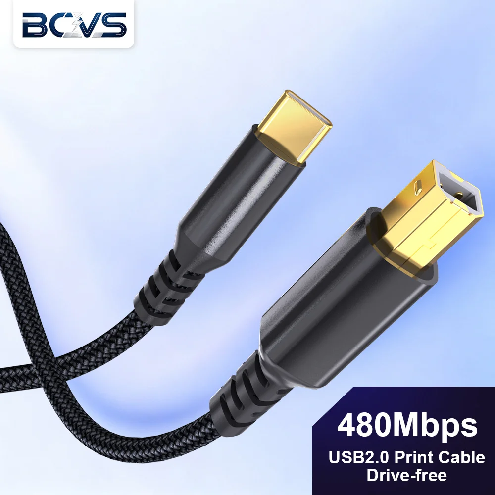 BCVS USB C to USB B Printer Cable Type C USB 2.0 480Mbps Drive-Free Nylon Braided for HP Epson Canon Brother Printer