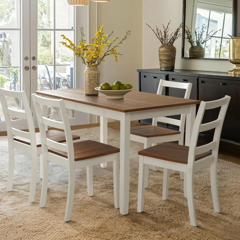 

5 Piece White Solid Wood Dining Table Set,Farmhouse Rectangular Dinette 4 Seats, Space-Saving Design Dining Room
