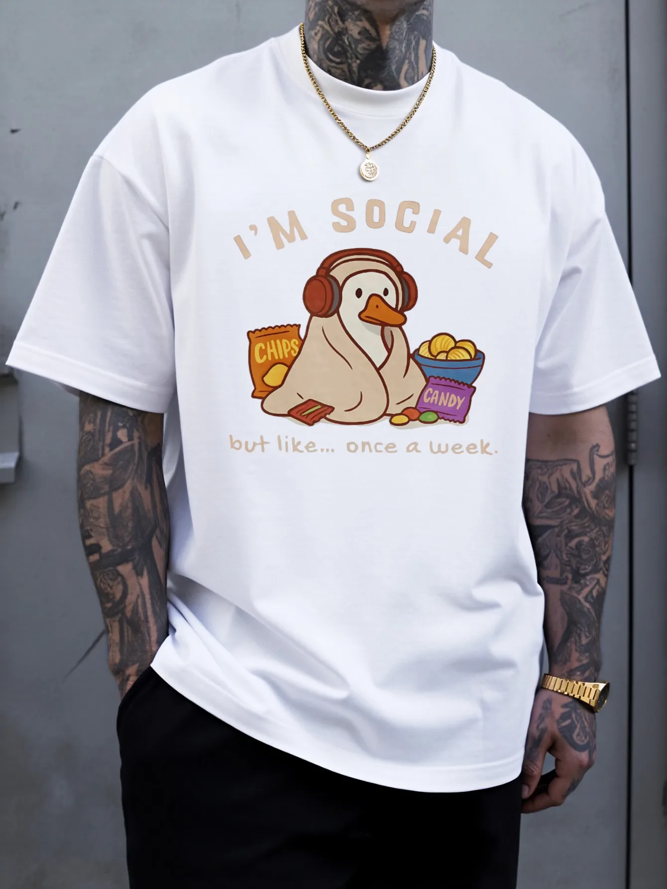 Snack Duck Graphic T Shirt For Men Introvert Funny Quote Crew Neck Tee Lazy Humor Lifestyle Theme Casual Male Daily Outfit Tops