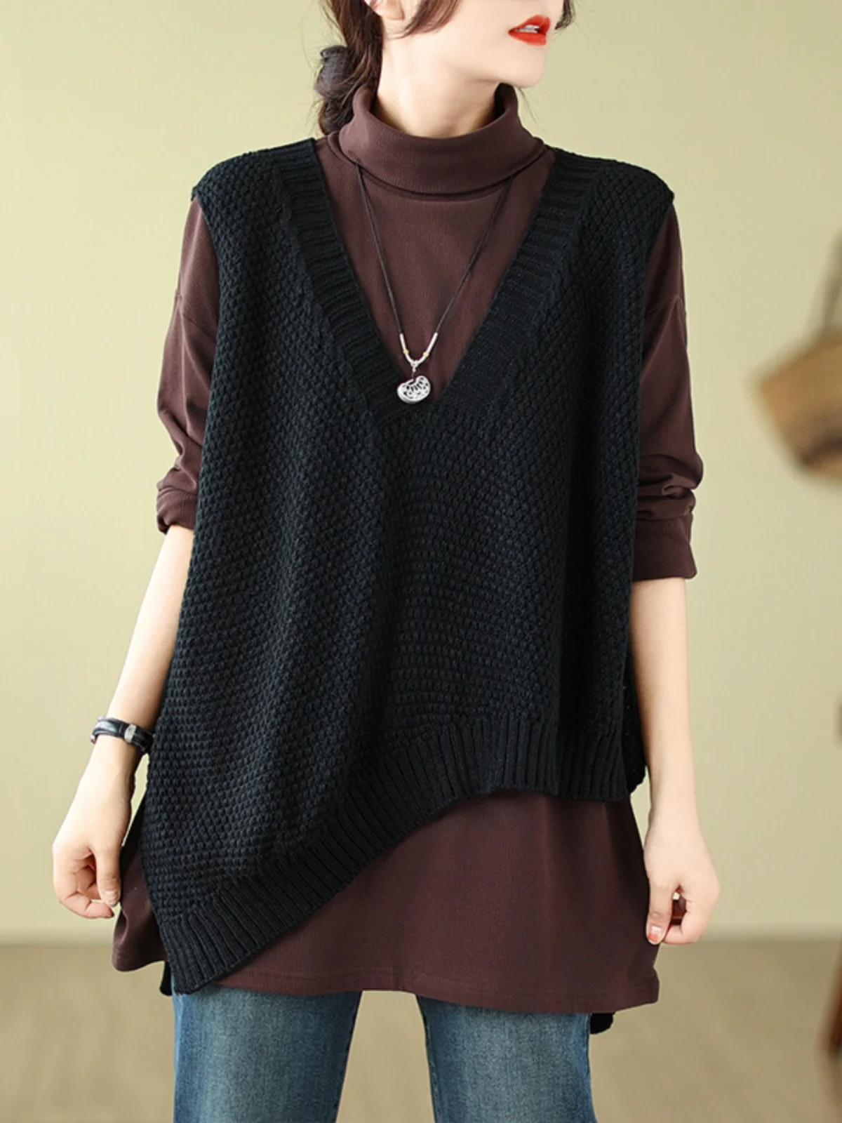 

plus Size Women's V-Ne Loose Casual Slimming Versatile Knitwear Sweater Tank Top Trendy Autumn Winter Commute Sle