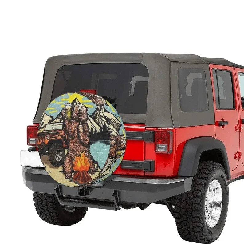 Bear Beer Fire Car Tire Cover Boho For All Car Accessories , Premium Camping  Tire Cover with Bear Design