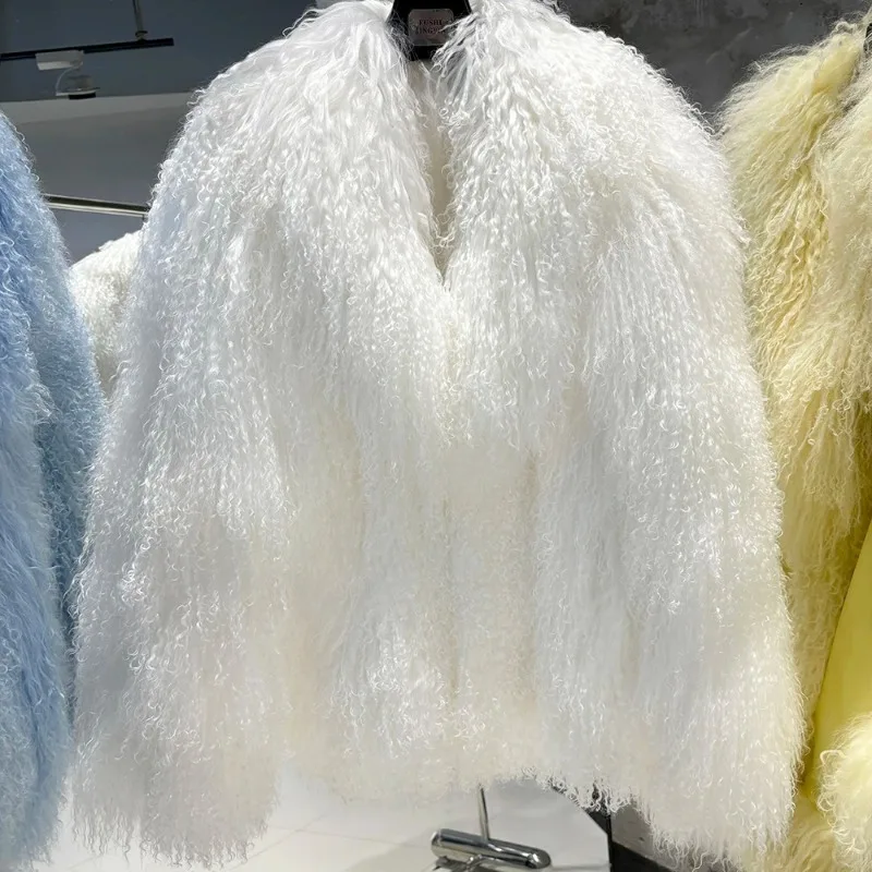 سترة نسائية من فراء الأغنام المنغوليا الحقيقي سترة فرو الأغنام البني الداكن