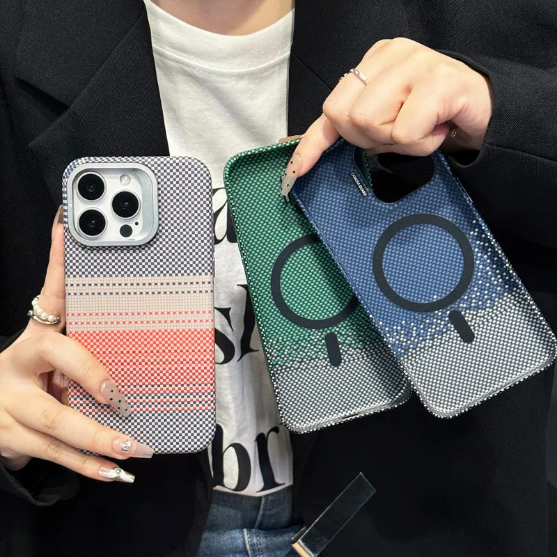 Karbon mosaic Magnetic Hard Back Case For iPhone 13 14 15 Pro Max Matte Patterned  kickstand pc+Metal Back Case Slim Cover