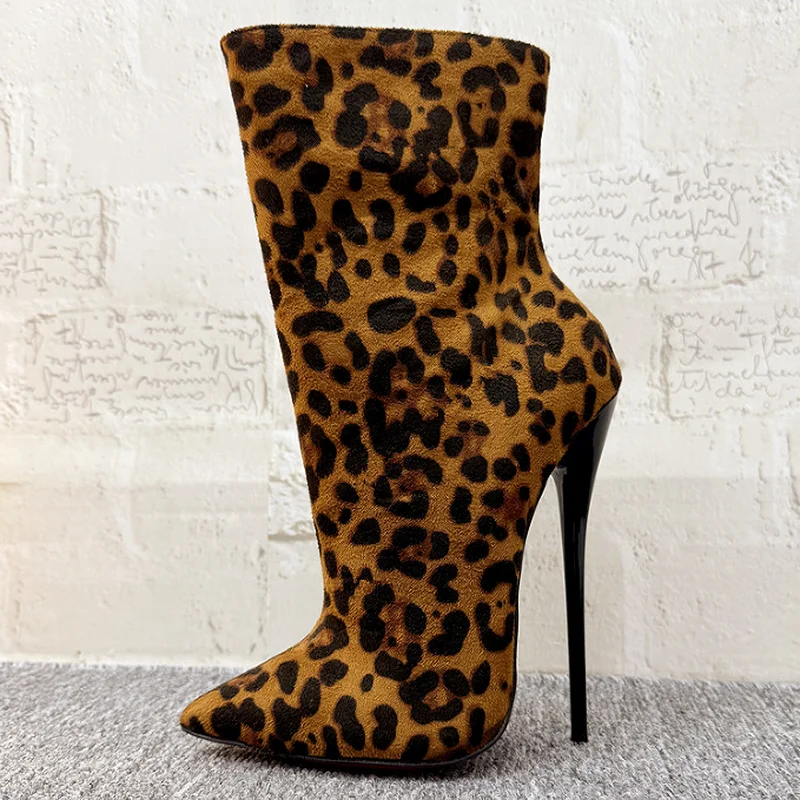 14/16cm High Heels Women Ankle Boots,Pointed Toe Short Botas,Unisex Leopard Bed Cosplay Shoes,Side Zip,Black,36-46,Custom Colors