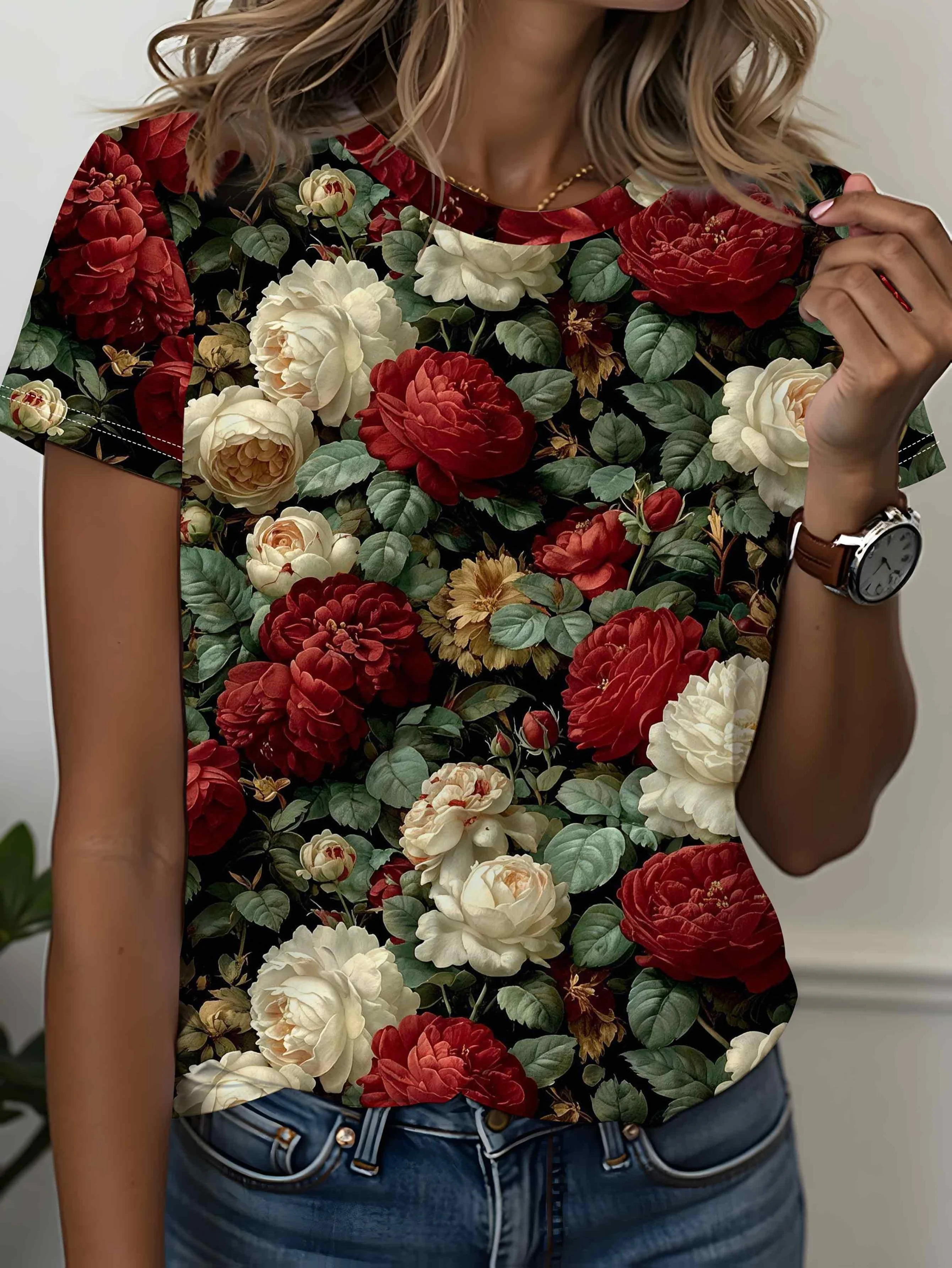 Women Crew Neck Short Sleeve T‑Shirt, Vintage Red White Peony Rose Floral Botanical Art Graphic Casual Tee