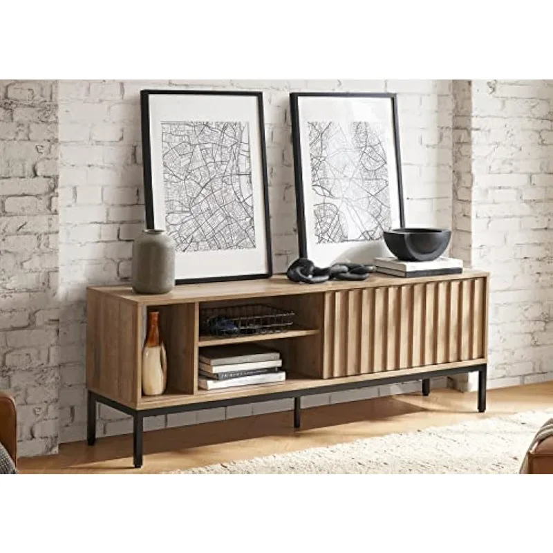 Industrial Modern TV Stand Media Cabinet TV Console Suits  up to  with Fluted Panel Sliding Door Adjustable Storage Shelves