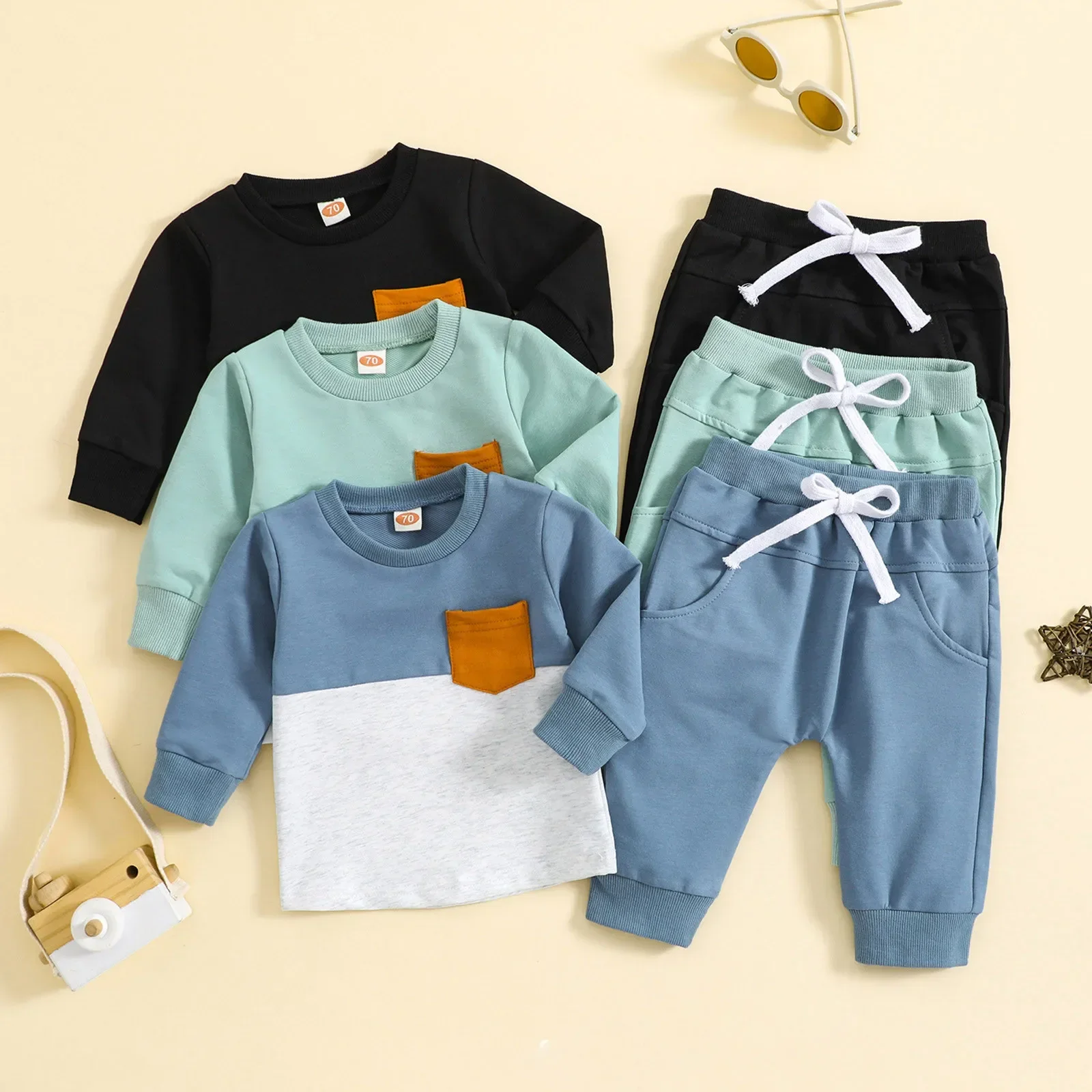 Toddler Baby Boys Clothes Sets Color Block Long Sleeve Sweatshirt 1 2  3 Years Pullover Tops+Joggers Pants 2 Pieces Outfit Sets