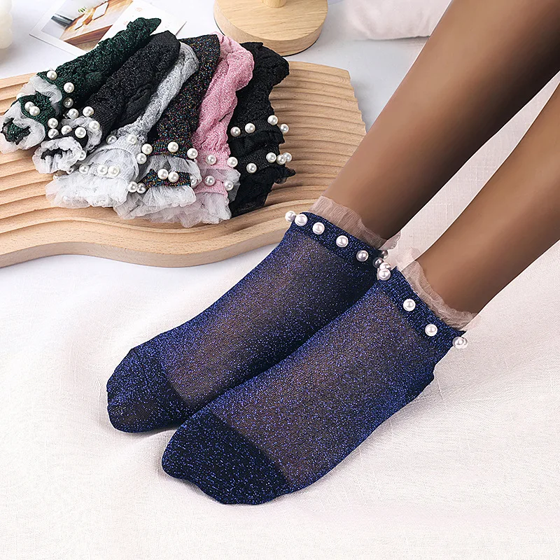 Moda Pérolas Stud Mulheres Algodão Meias Curtas INS Estilo