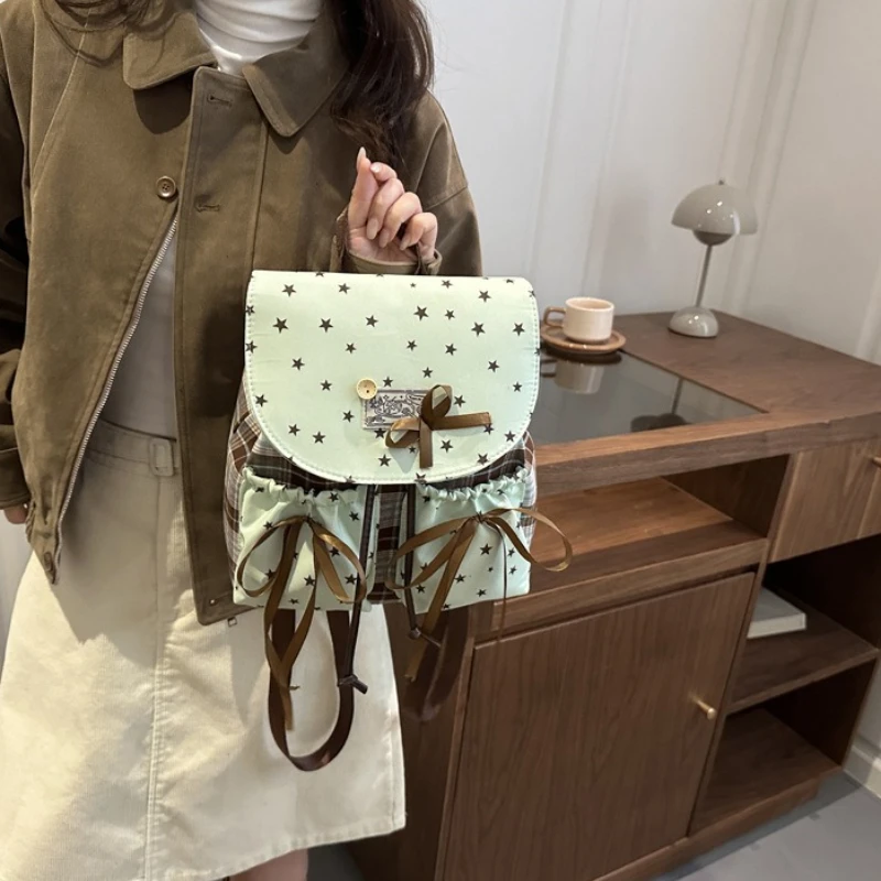Mint Green Star Print Drawstring Backpack, Ribbon Bow Plaid Splice, Flap Over Cover with Button,Sweet Casual Suitable for School