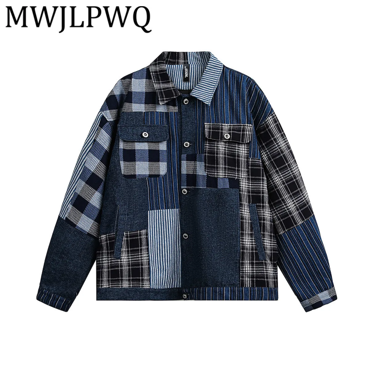 

MWJLPWQ джинсовая куртка в американском стиле с нашивками, мужская винтажная куртка с лацканами и цветными блоками, модное пальто 2024, осень-зима 21373