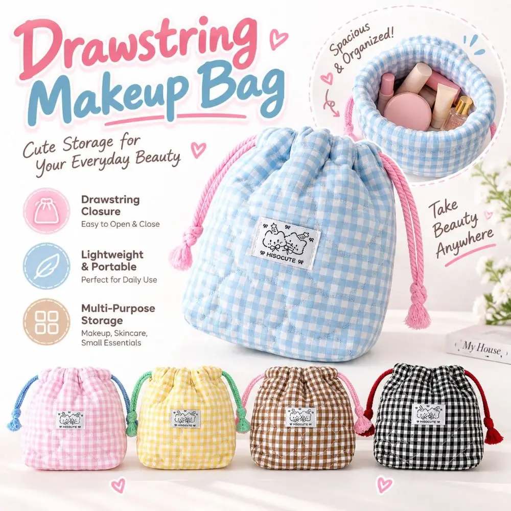 New Plaid Drawstring Makeup Bag Love Heart Label Quilted Fabric Camera Storage Bags Cute Style Cable Organizer Bag For Girls