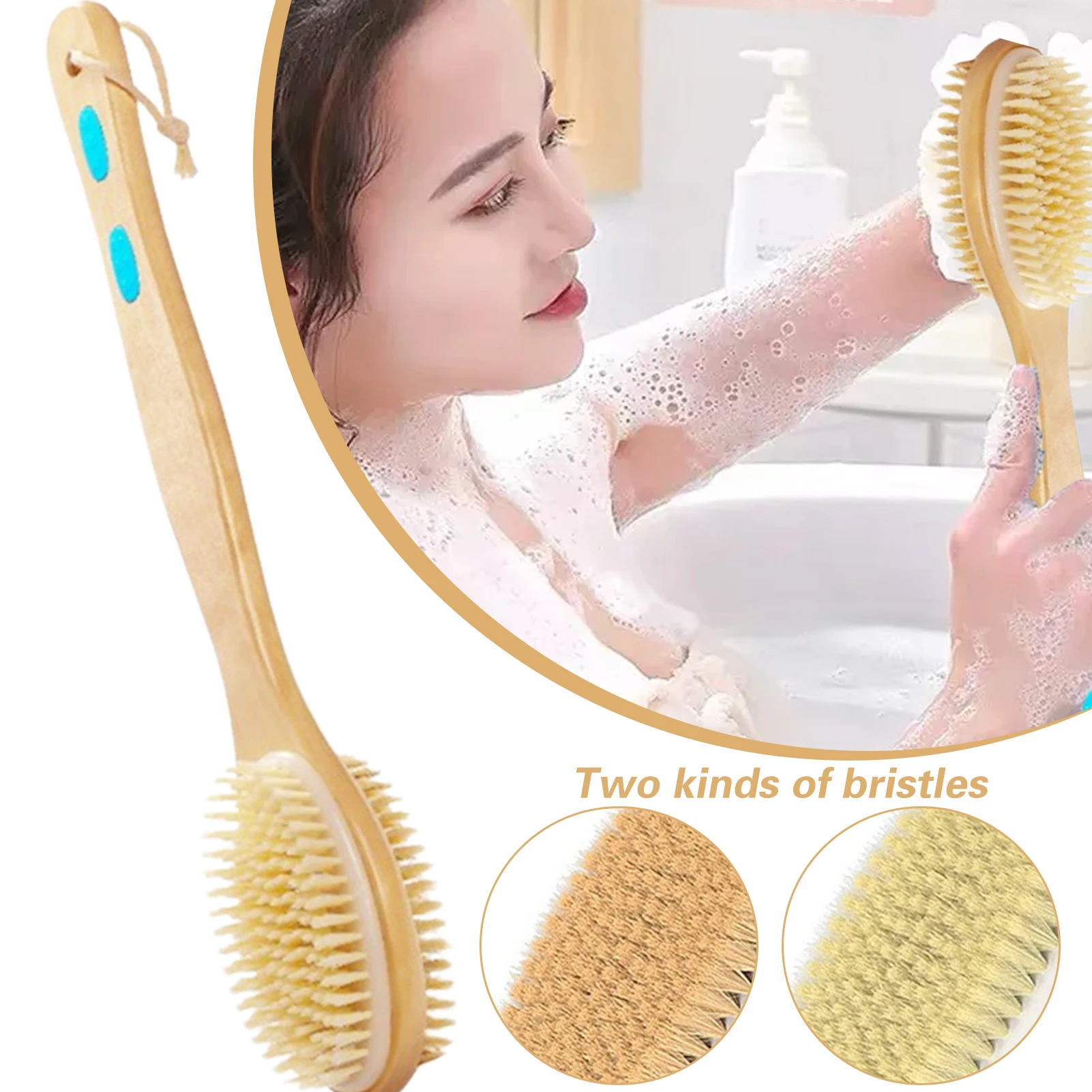 

Portable Bath Brush Soft Hard Bristles Double Sided with Wooden Handle Body Exfoliating Scrubber Long Handle Skin Massager