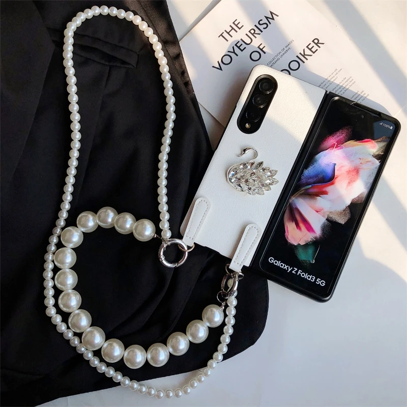 Luxury Rhinestone Swan PU Leather Phone Case For Samsung Galaxy Z Fold 5 4 3 2 Pearl Crossbody Necklace With Wrist Chain Cover