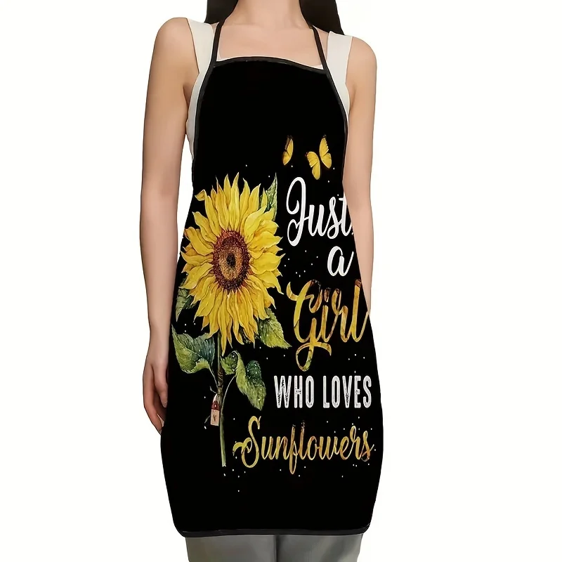 Floral Patterned Sunflower Apron for Thanksgiving - Woven Polyester Kitchen Apron, Oil and Stain Resistant