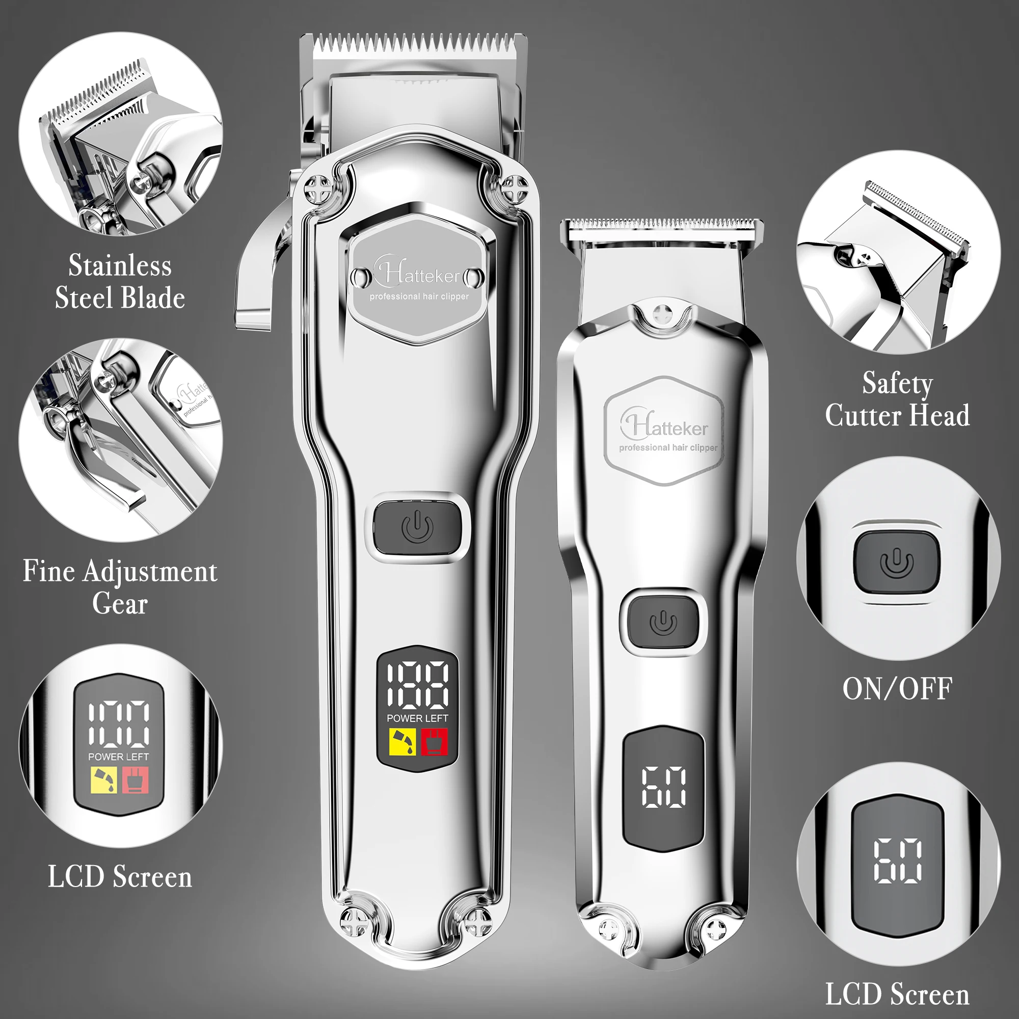 Hatteker Pro Cordless Hair Clippers 18-Piece Barber Kit Metal Electric Trimmer Men's Hair Cutting Machine