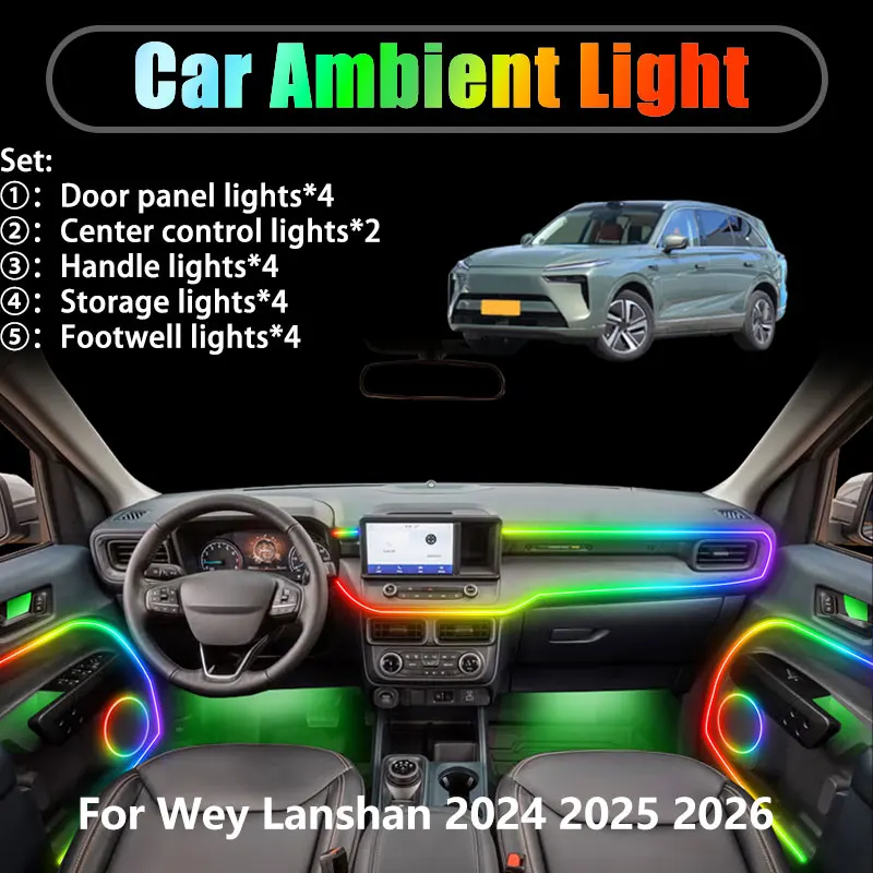 

Для Wey Lanshan 2024 2025 2026 07 GWM SUV 2/18 в 1 Автомобильное окружающее освещение Светодиодные внутренние светодиодные фонари багажника USB RGB Ensemble Streamer