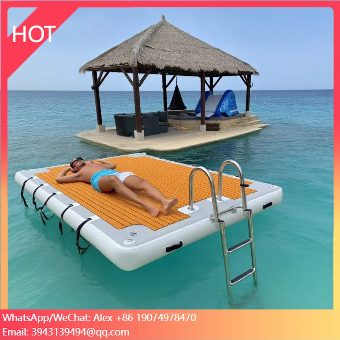 

20cm Thickness Floating Dock Water Inflatable Platform With Hard Ladder Swimming Fishing Leisure Island