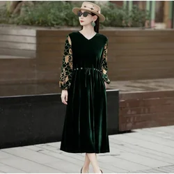 Autumn Vintage Luxury Silk Dress Women's Autumn Versatile Lace Velvet Dress French Loose Fit Party Travel Dress Vestidos