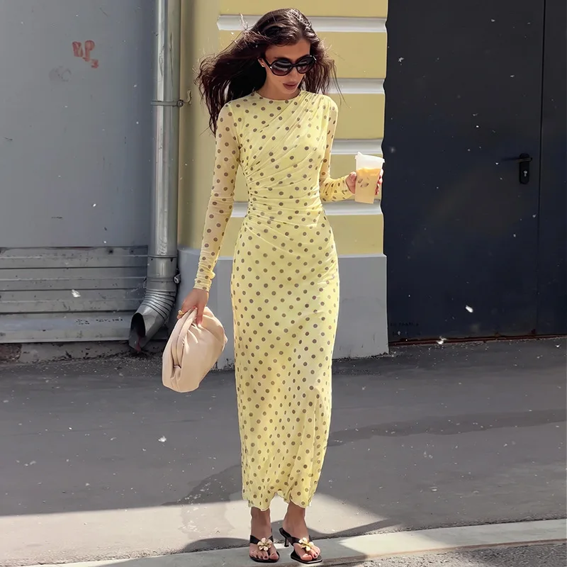 Women's Clothing 2026 Autumn. New A-line Dress, Waist-cinching Elegant, Versatile, Polka Dot, Draped, Slim-fit Long Clothes For