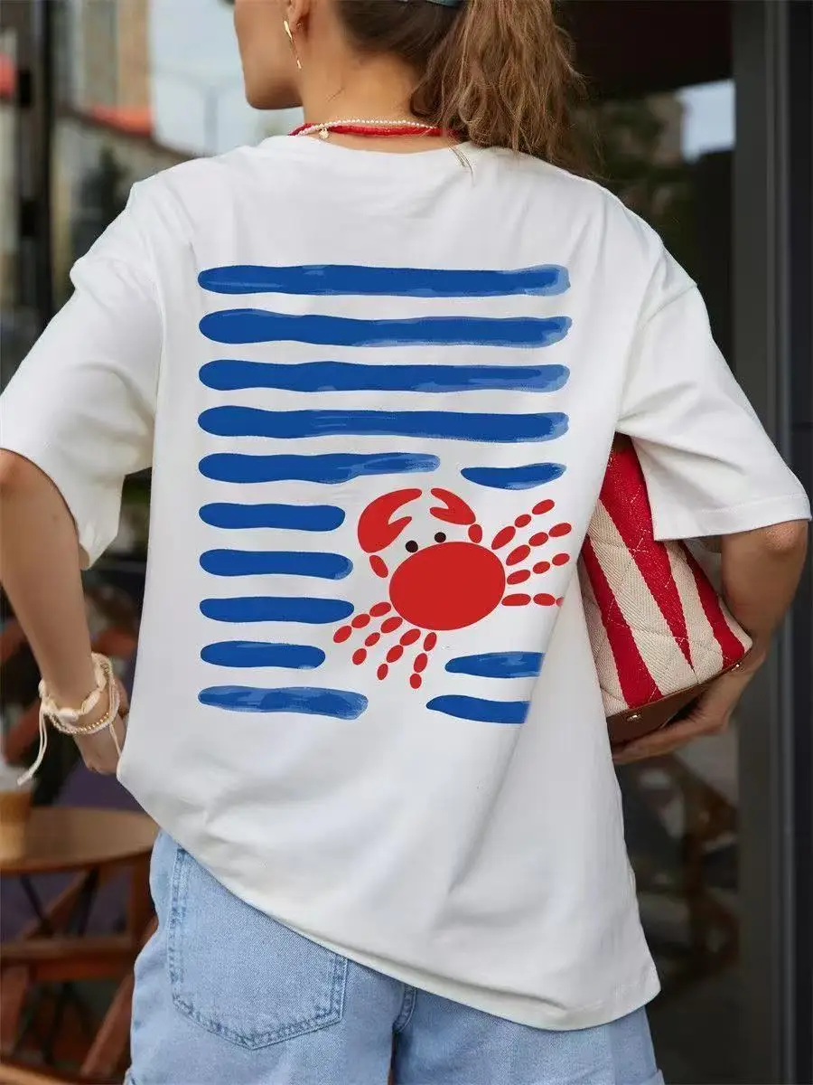American Summer Beach Minimalist Painting Style Crab Print 100% Pure Cotton Loose and Versatile INS Style Retro Women's T-shirt