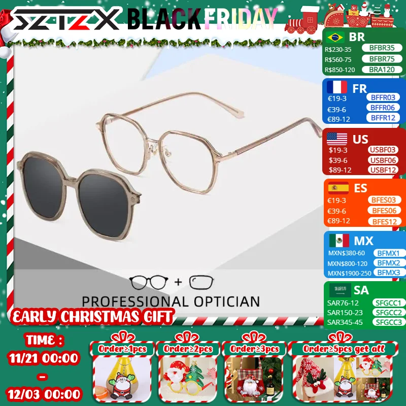 SZTZX Men Magnet Clip On Anti-Blue Ray Reading Glasses Women Optical Myopia Prescription Glasses with UV400 Polarized Sunglasses