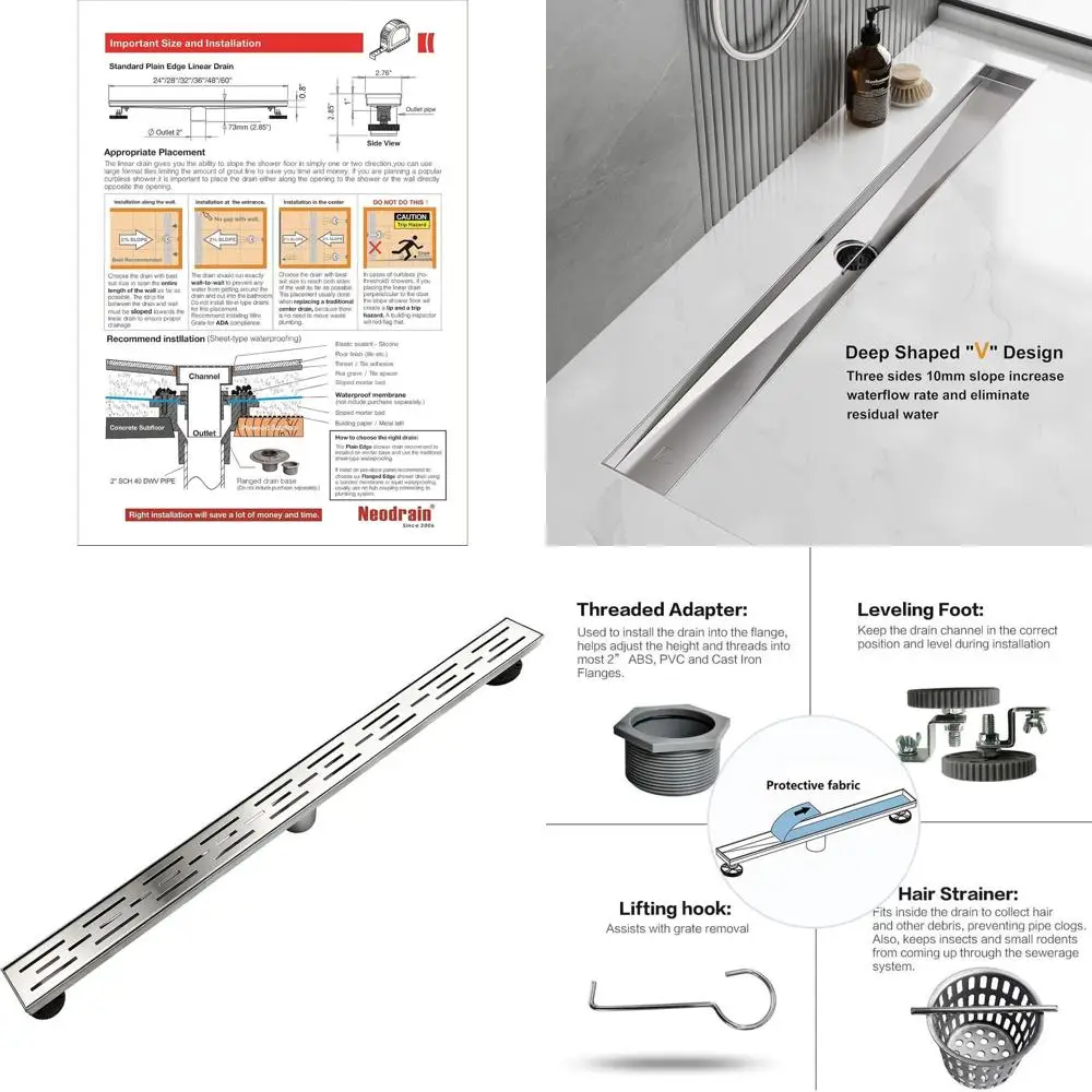 

36 Rectangular Linear Shower Drain with Brick-Pattern Grate in Brushed 304 Stainless Steel, Bathroom Floor Drain with Hair Strai