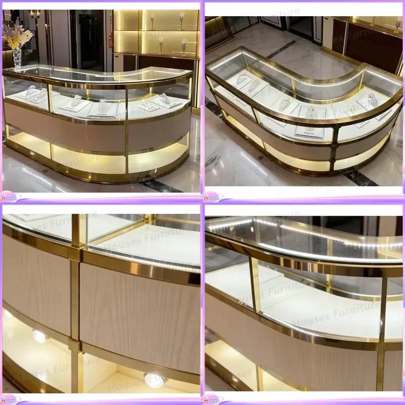 Cream Gold Curved Shoe Cabinet Wall Mounted Display Shelf with LED Light Strip Modern Entryway Storage Organizer Durable