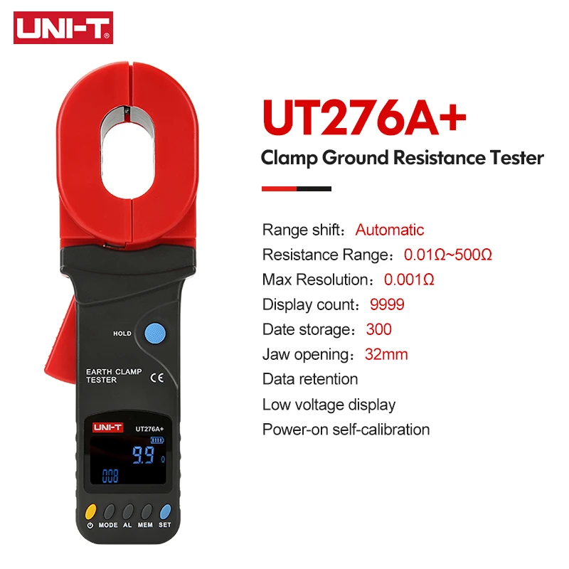 UNI-T UT276A+ Digital Clamp Earth Ground Tester Resistance Meter 0.01-500ohm 300 Data Storage