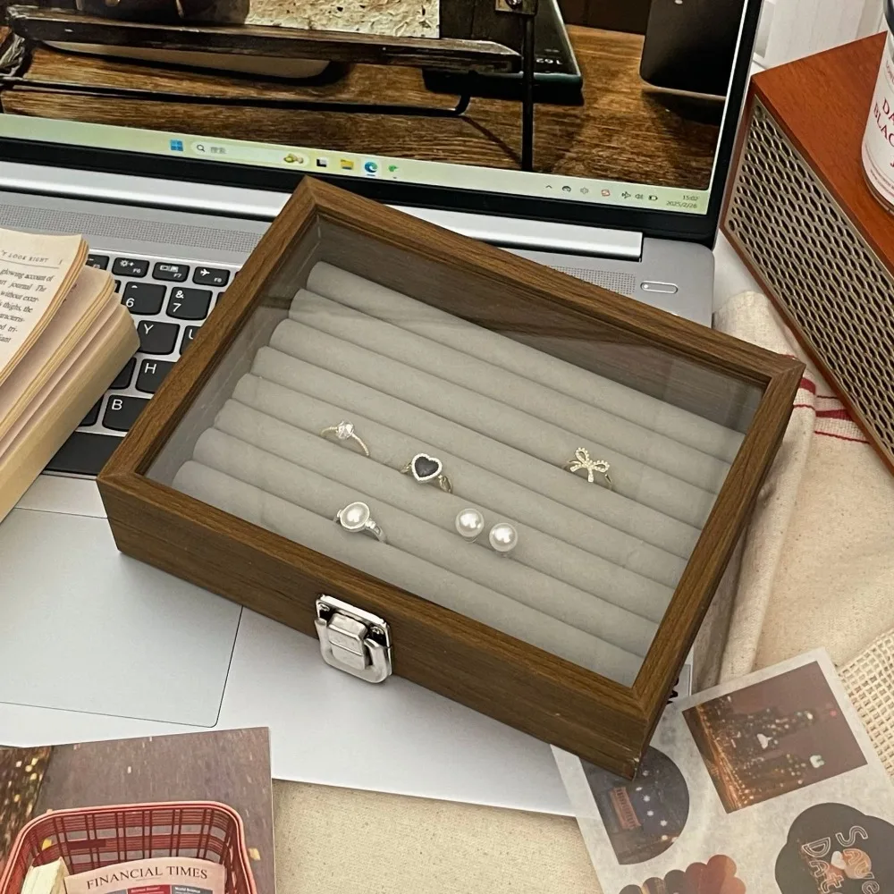 

Square Wooden Jewelry Box Large Capacity Jewelry Display Jewelry Display Tray Earrings Glass Lid Ring Display Holder