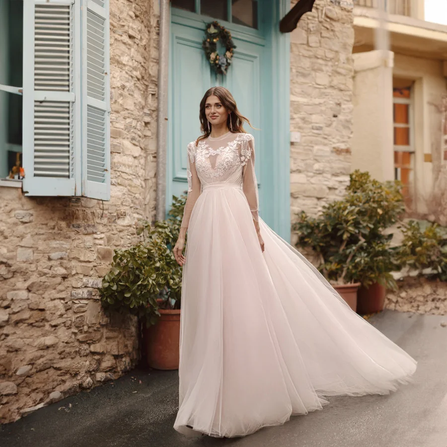 

Modest O-neck Applique Lace Tulle Wedding Dress for Bridal Long Illusion Sleeve A-line Court Wedding Party Gowns robes de soirée