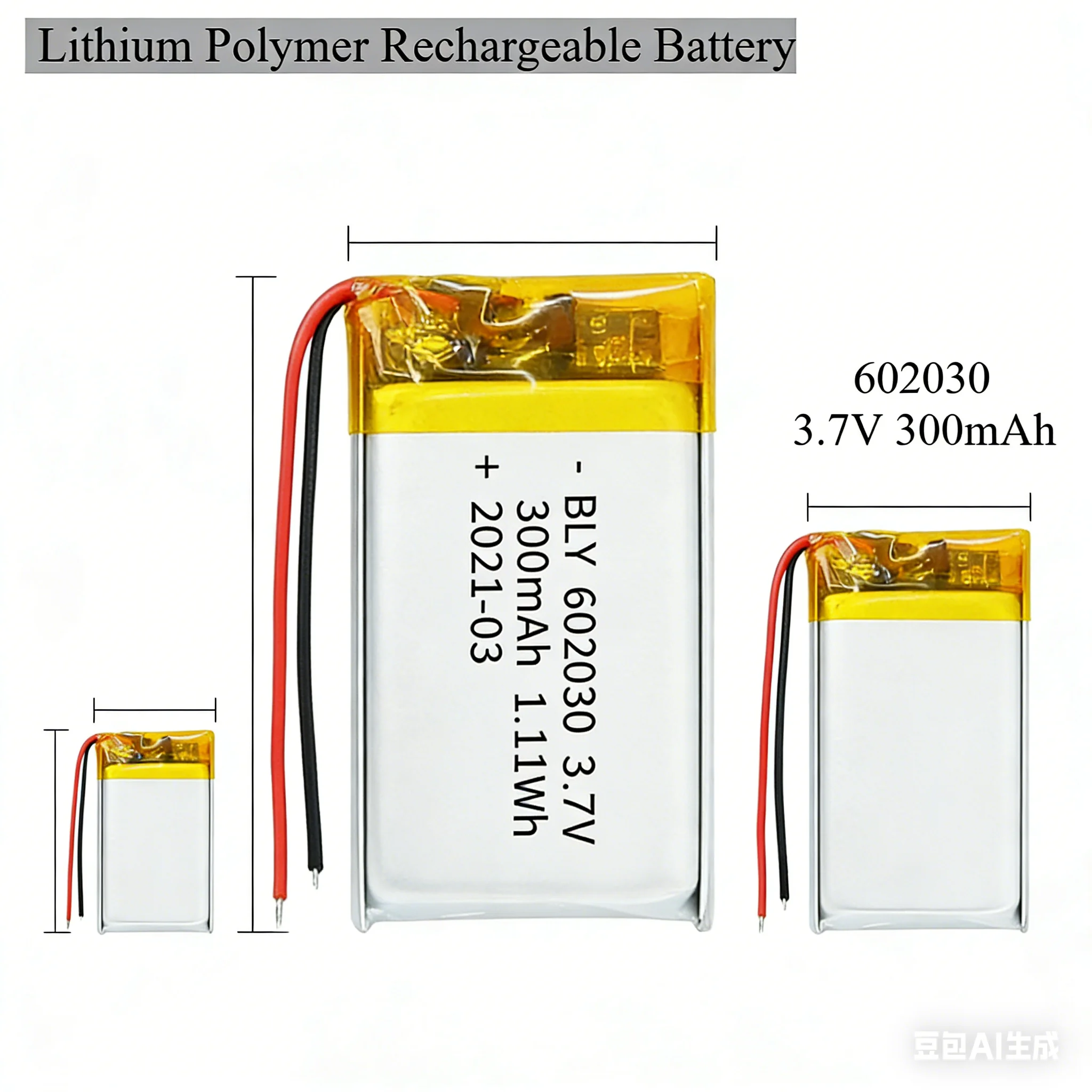 602030 3.7V 300mAh  Polymer Lithium Ion Rechargeable Battery for Toys, LED Lights, Bluetooth Speakers，Lighting, Digital Products