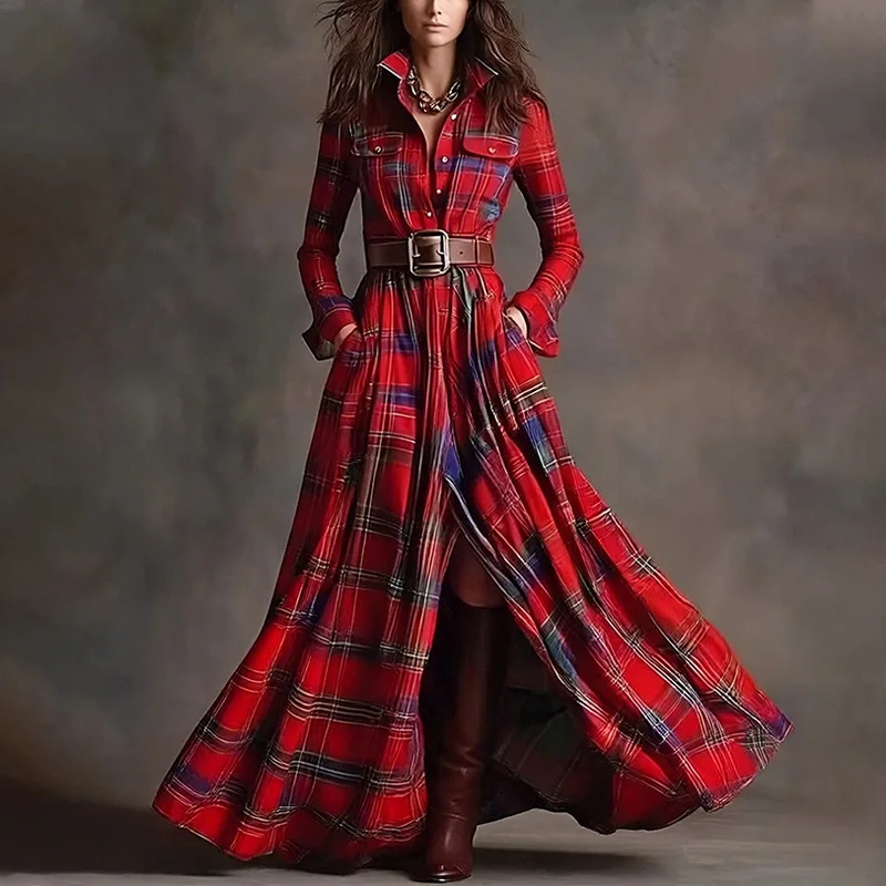 Abito lungo con stampa a quadretti retrò Donna Elegante colletto rovesciato Abito lungo con bottoni Abito Boho con tasca a maniche lunghe primaverili