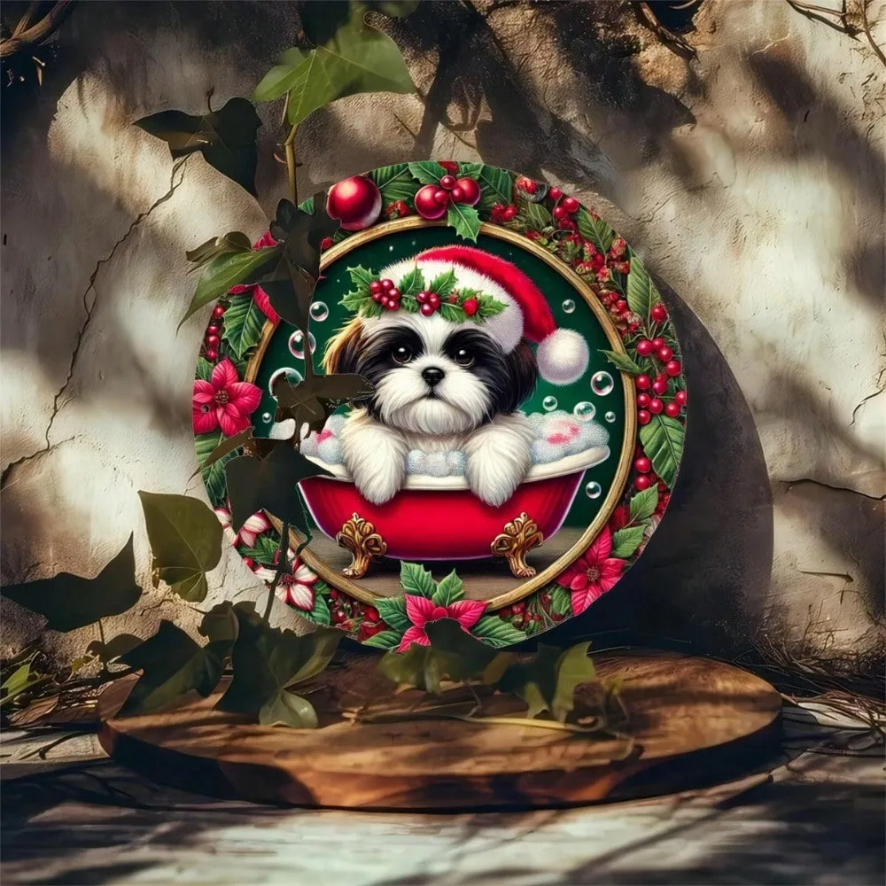 Personalisiertes Shih Tzu Weihnachtsbades rundes Blechschild 7,8 x 7,8 Zoll – Eisenkunst-Heimdekoration für Tür, Veranda, Wohnzimmer, ideales Geschenk