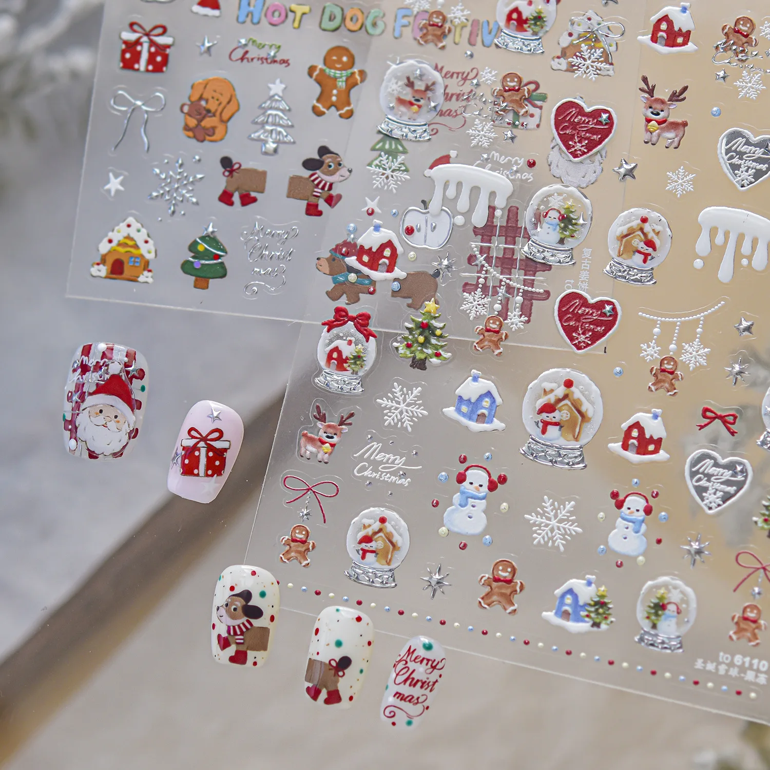 Xmas Winter Scene 5D Nail Sticker Snow Globe Wooden Cabin Reindeer Gingerbread Man Snowman Snowflake Heart Merry Christma Decal