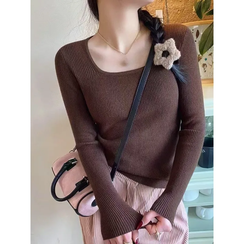 

fashion women's solid Square collar sweater casual Pullover autumn winter long-sleeved inner top slim bottoming knitted sweaters