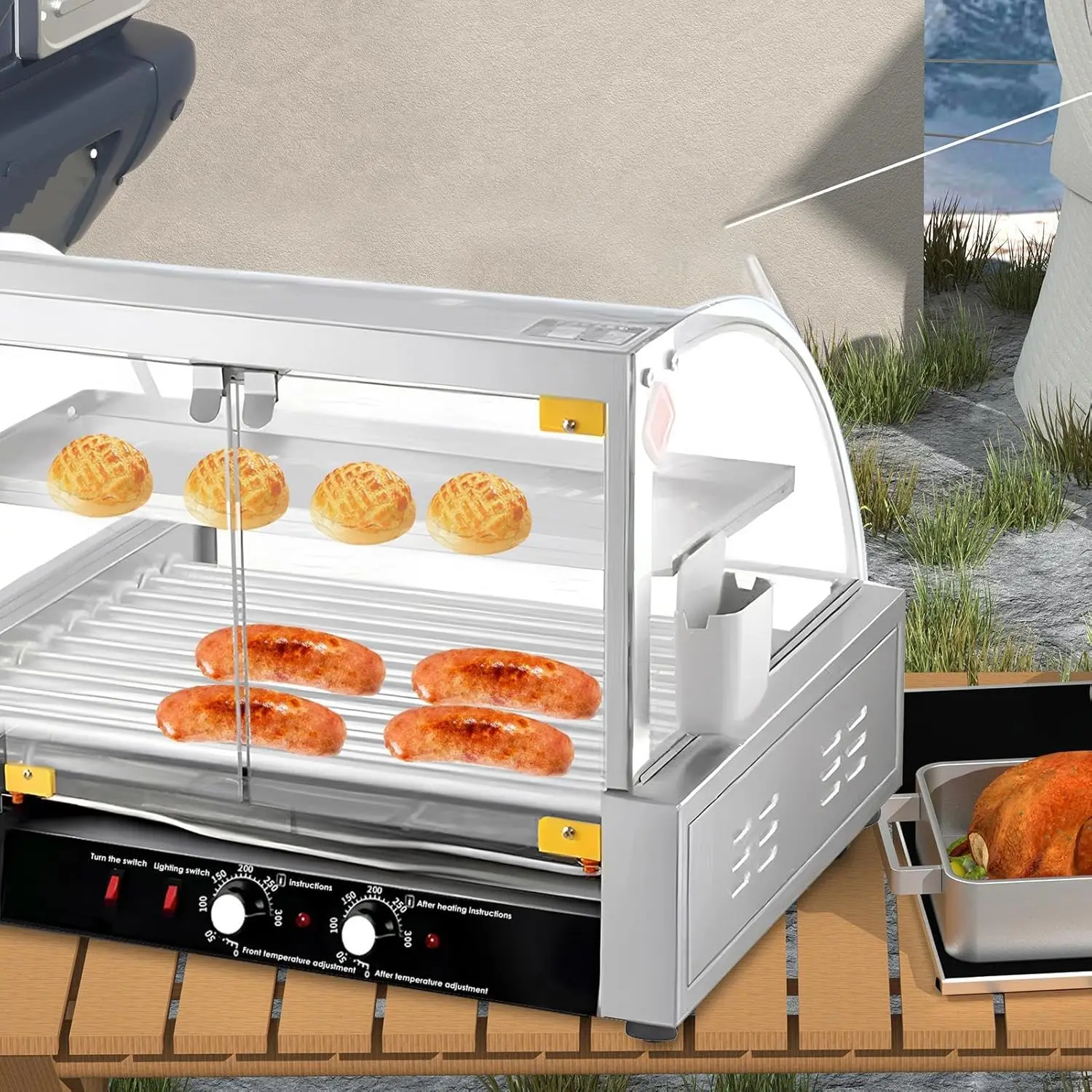 Hot Dog Roller,27 Hot Dog Capacity 10 Rollers,1700W Stainless Steel Cooking And Warming Machine With Twofold Temperature