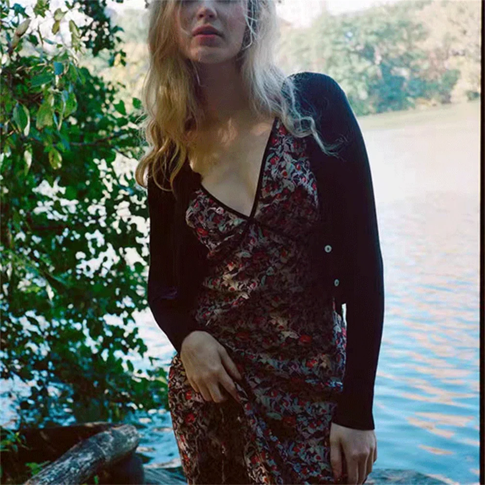 

Floral Print Women's V-neck Tank Dress Slimming Fit Elegant Sweet Lady Sleeveless Holiday Long Robes Female Clothing