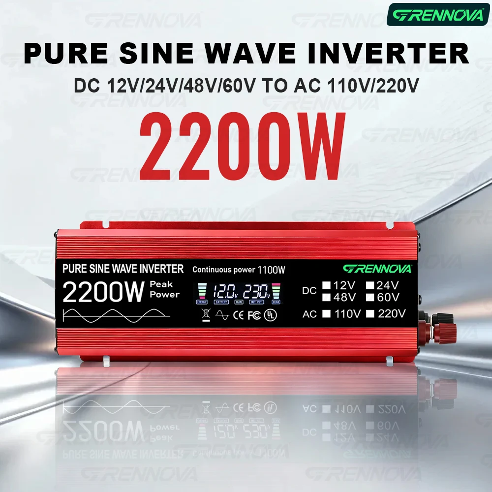 Pure Sine Wave Inverter with LCD | 2200W Peak (1100W Continuous) DC 12/24/48/60V To AC 110/220V for Small Appliances Camping Car