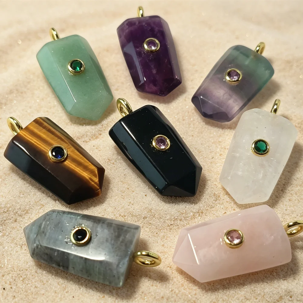 

Center Bezel Inlaid Gem Coffin Cut Healing Crystal Charms Wholesale Golden Plated Mixed Stone Craft Supplies P2D1000