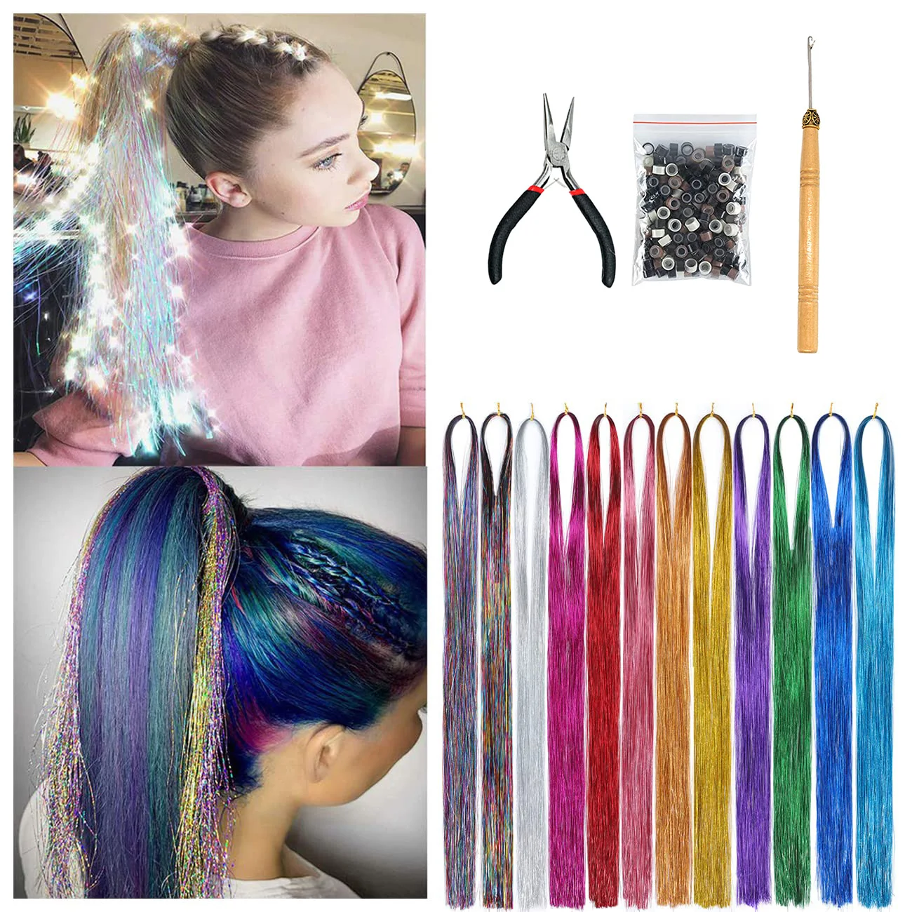 XINRAN 1Pc Sparkle Shiny Hair Tinsel Hair Extensions Dazzles Women Hippie For Braiding Headdress Hair Braiding Tools Long 100cm