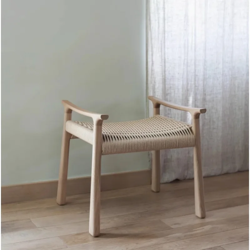 Solid wood rope woven shoe changing stool ash wood armrest rattan woven low stool without backrest