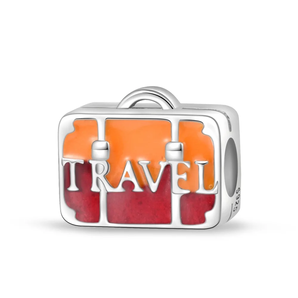 Actual 925 Sterling Silver Red Orange Travel Luggage Charm Fit Pan Bracelet Women's Daily DIY Jewelry Accessories