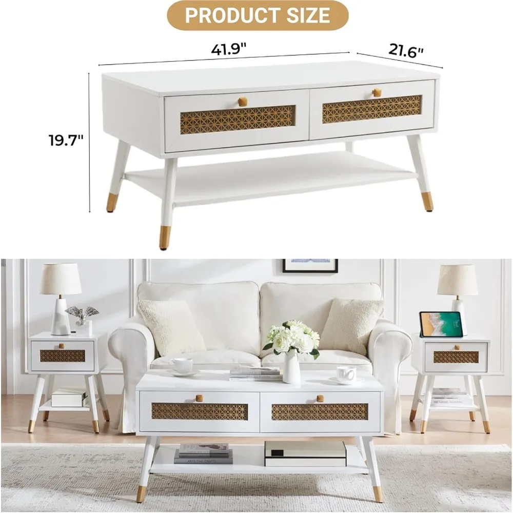 JYED Rectangle Mid Century Modern Coffee Table, Coffee Table with Storage Drawers and Open Shelf, White Wood Coffee Table for Li