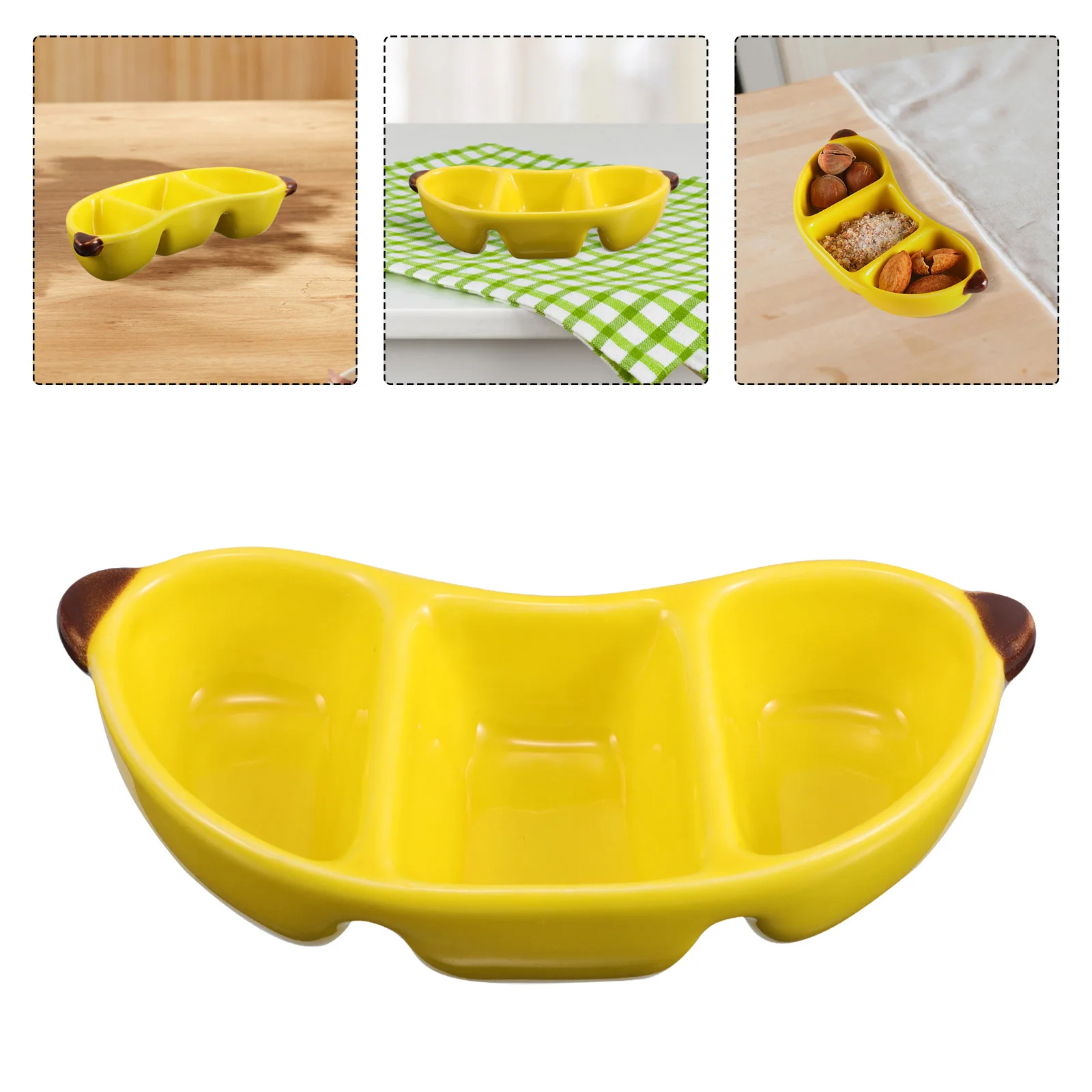 

Ceramic Dipping Bowl Banana Shaped 3 Compartment Serving Tray Divided Plate Condiment Server Decorative Snack Dessert Platter