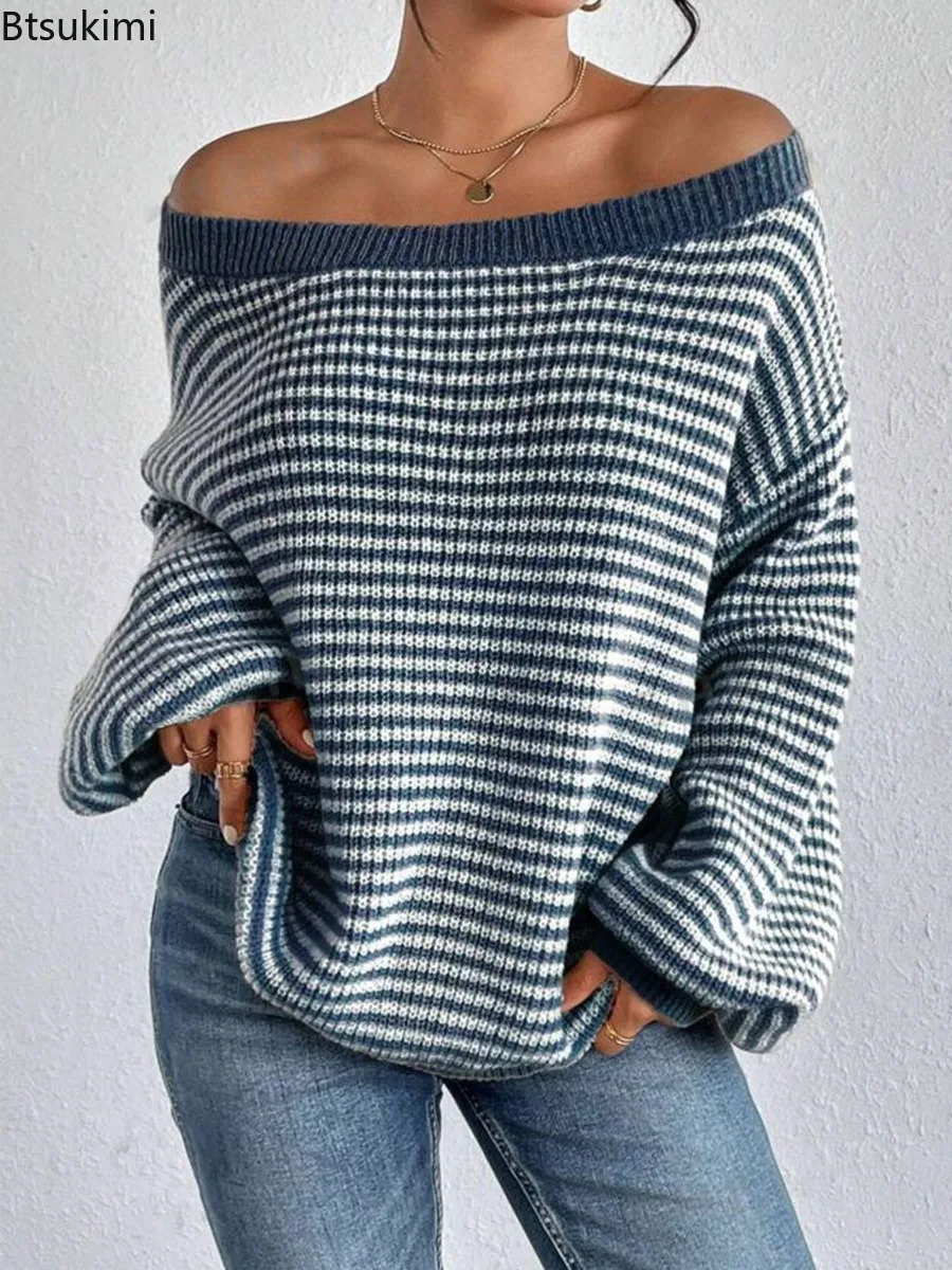 Women Knitted Sweater Casual Jumpers Loose Color Blocking Stripes Pullover Long Sleeves Slash Neck 2026 Autumn Y2k Streetwear