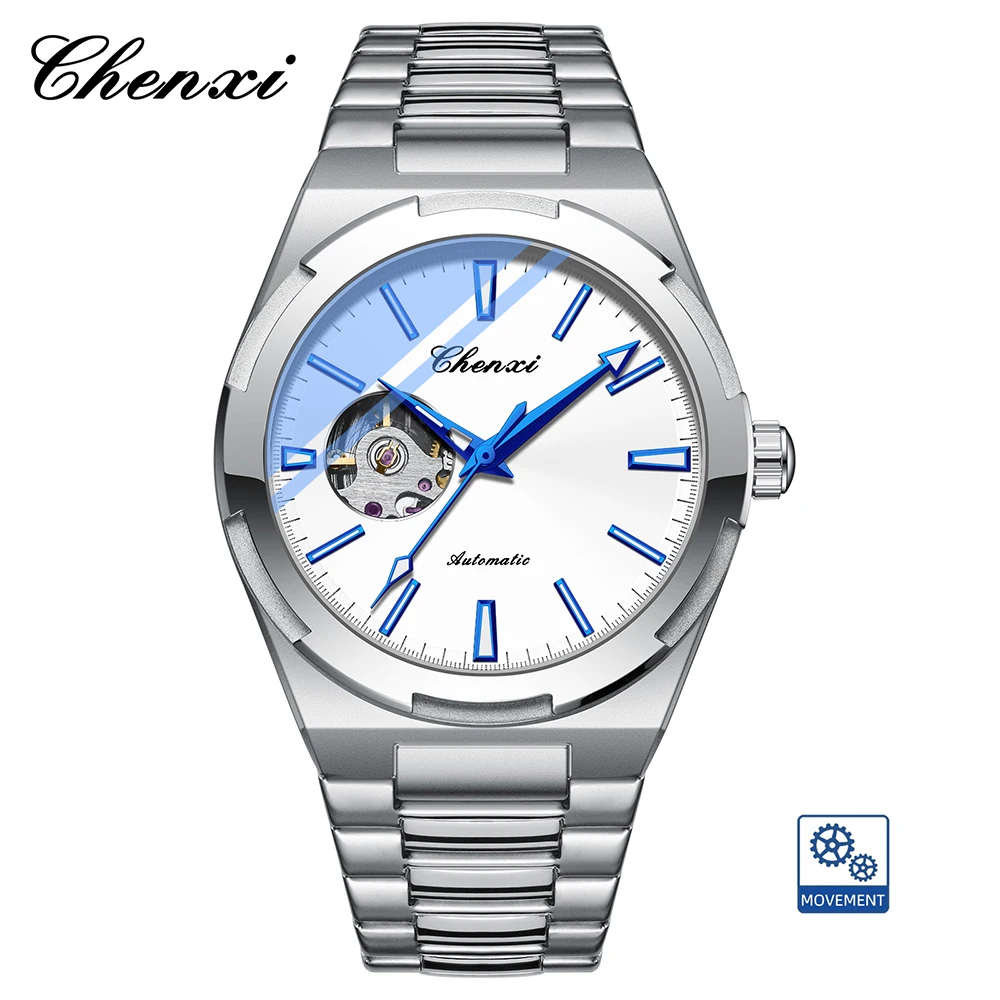 

CHENXI автоматические механические часы для мужчин, модные серебряные круглые циферблаты, водонепроницаемые светящиеся мужские часы, подарки