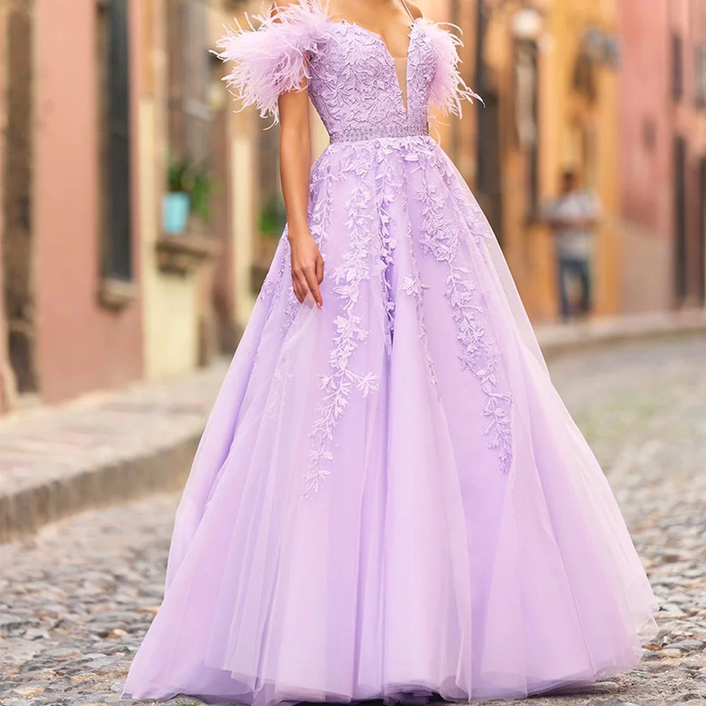 

A-Line V-Neck Organza Off the Shoulder Short Sleeves Purple Elegant and Formal Evening Gowns Feathers Appliques Zipper Back